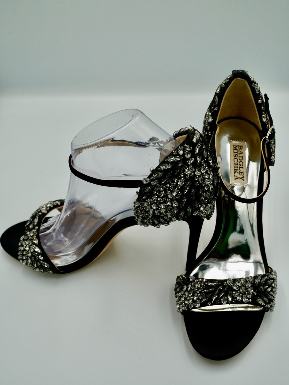 Badgley Mischka Tampa Crystal Embellished Satin Heels Black Size 10